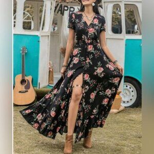 Black Boho Floral Print Button Front Split Thigh Dress